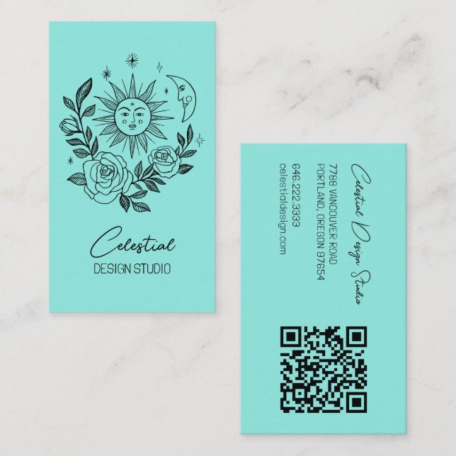 Sun Moon & Rose Magical Boho Botanischer CUSTOM QR Visitenkarte (Vorne/Hinten)