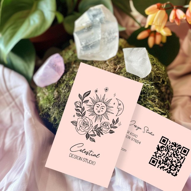 Sun Moon & Rose Magical Boho Botanischer CUSTOM QR Visitenkarte (Sun Moon & Roses Magical Boho Botanical CUSTOM QR Business Card
)