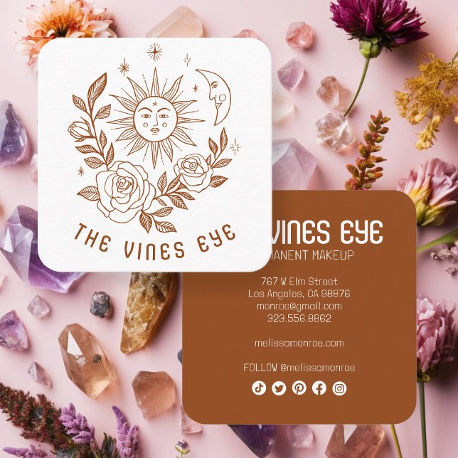 Sun Moon & Rose Magical Boho CUSTOM Social Media Quadratische Visitenkarte (Sun Moon & Roses Magical Boho CUSTOM Social Media Square Business Card
)