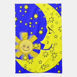 Sun Moon Yellow Stars Blau Küche Handtuch