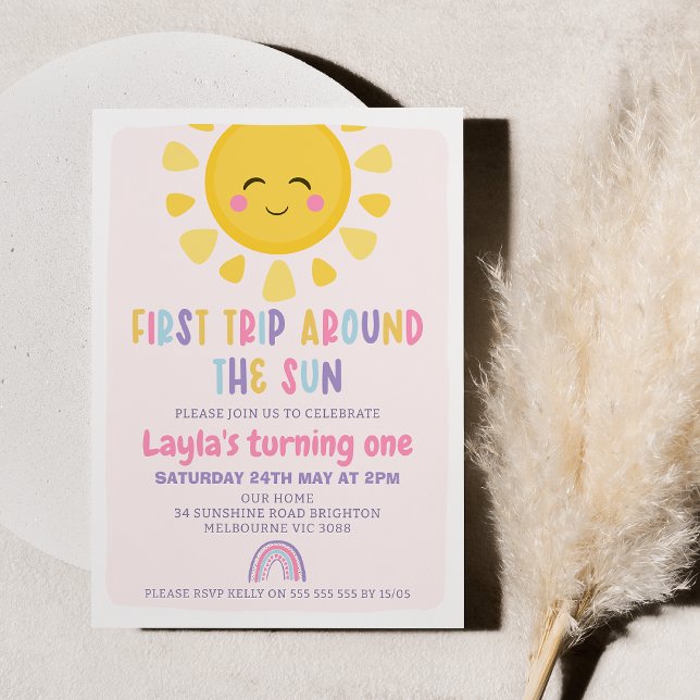 Sun Rainbow Erster Ausflug rund um die Sonne 1. Ge Einladung (Printable First Trip Around the Sun Birthday Invitation, Editable Boho Sunshine Rainbow Invite )