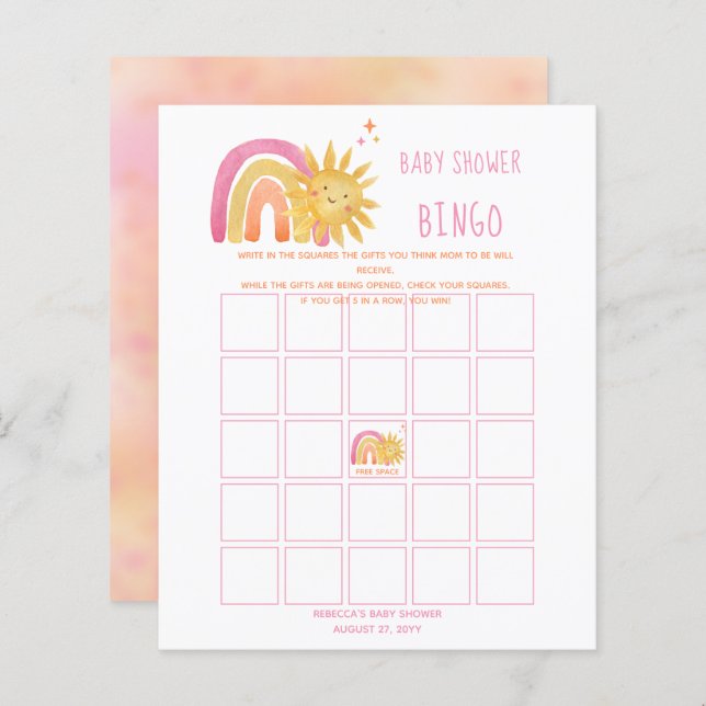 Sun | Rainbow Sunshine Baby Shower Bingo Einladung (Vorne/Hinten)
