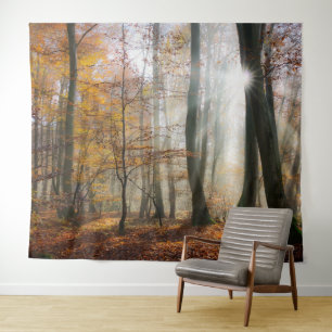 Sun Rays Mystic Landschaftlich Fall Forest Nature Wandteppich