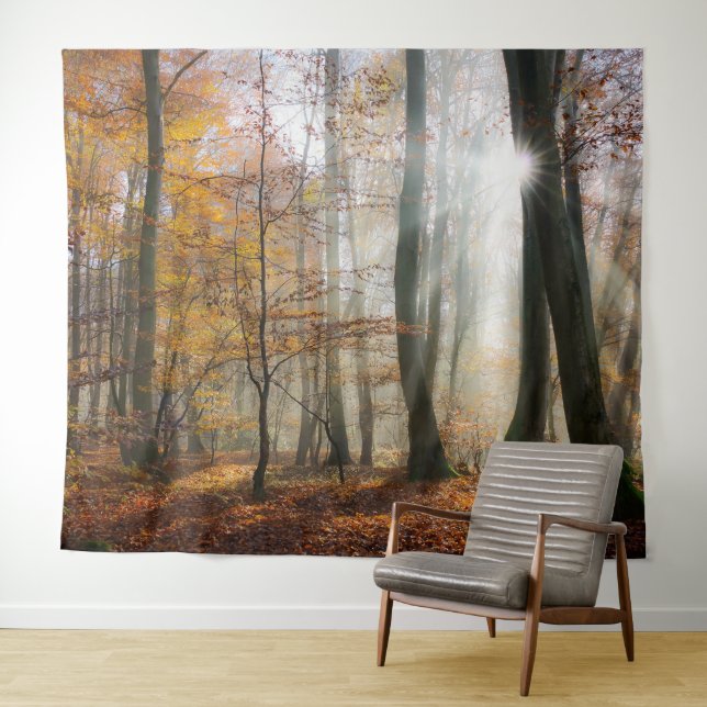 Sun Rays Mystic Landschaftlich Fall Forest Nature  Wandteppich (Beispiel (Horizontal))