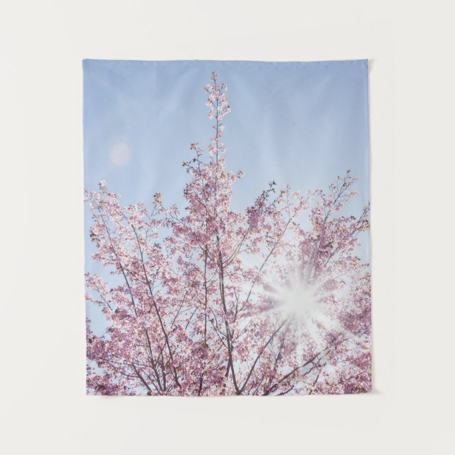 sun rays pass through pink flowers of a wow tree wandteppich (Vorderseite)