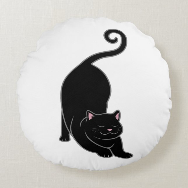 Sun Salutation Downward Black Kitty Cat Yoga Rundes Kissen (Vorderseite)