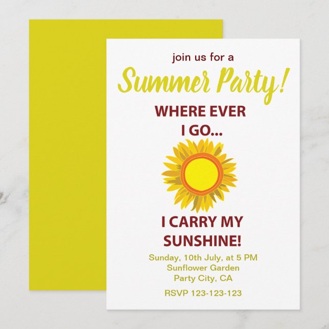 Sun Sunflower Sunshine Summer Party Einladung (Vorne/Hinten)