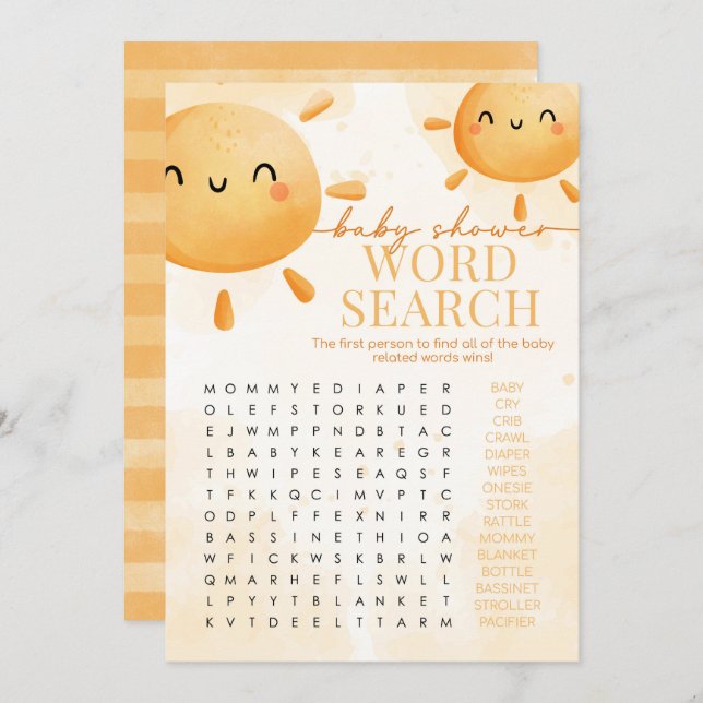 Sun Sunshine Word Search Baby Showspiel Einladung (Vorne/Hinten)