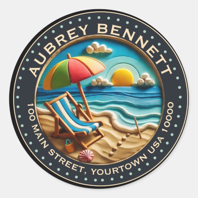 Sun & Surf Beach Clay Look Art Name & Adresse Runder Aufkleber (Vorderseite)
