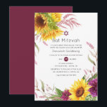 Sun und Burgund Plum Floral Bat Mitzvah Einladung<br><div class="desc">Rustikale Bohobarden-Sonnenblumen und Dahlias-Fledermäuse-Mitzvah-Party Einladung in Bordeaux- und Sonnenfarben.</div>