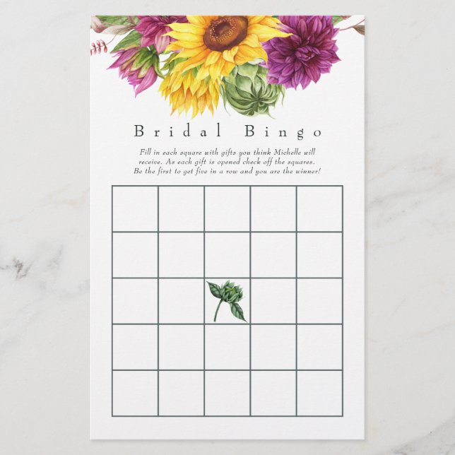 Sun und Burgund Plum Floral Brautparty Bingo (Vorderseite)