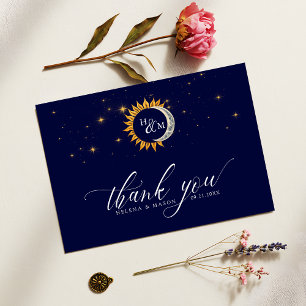 Sun und Moon Elegante Monogram Navy Blue Dankeskarte
