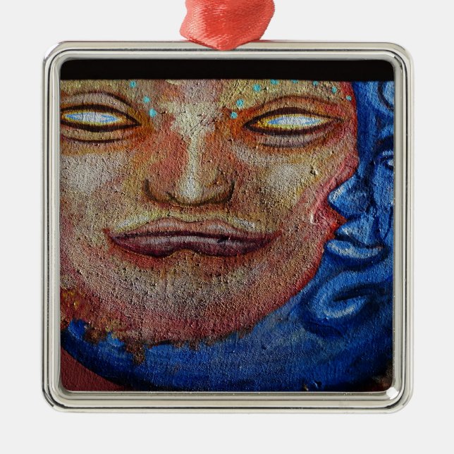 Sun und Moon Face Graffiti Silbernes Ornament (Vorne)