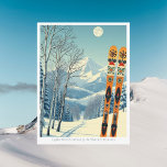 Sun Valley Idaho ski vacation Postcard Postkarte<br><div class="desc">Hello from the snowy mountains of Sun Valley,  Idaho,  USA! We hope you're having a wonderful ski vacation. This postcard features a gorgeous blue-grey mountain landscape with retro ski boards in an orange tribal pattern.
All the text phrases can be customized to suit you!</div>