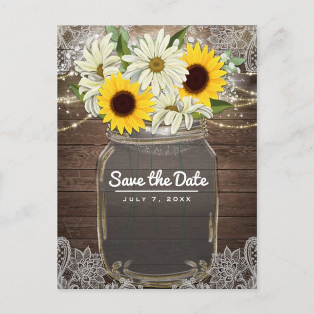 Sunblumen Daisies Mason Jar Sparkle Save the Date Ankündigungspostkarte (Vorderseite)
