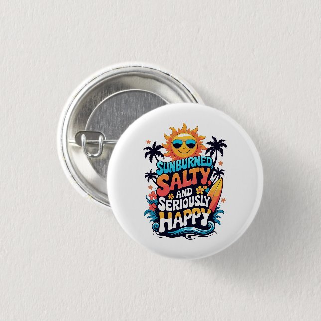 Sunburned Salty and Happy – Retro Beach Vibes Button (Vorne & Hinten)
