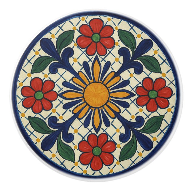 Sunburst Mexican Talavera Floral Keramik Knob Keramikknauf (Vorderseite)