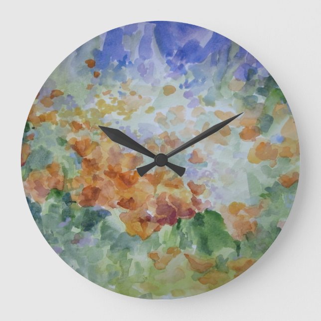 Sunburst Poppies Decorative Wall Clock Große Wanduhr (Vorderseite)