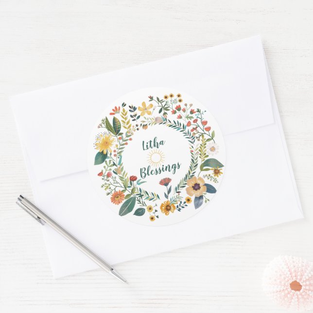 Sunburst und Floral Muster Litha Runder Aufkleber (Umschlag)