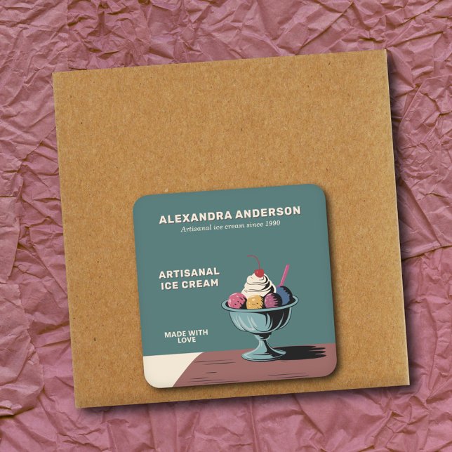 Sundae - Eiscreme-Salon aus Liebe Quadratischer Aufkleber (Sundae - Ice Cream Parlor Made with Love Sticker)