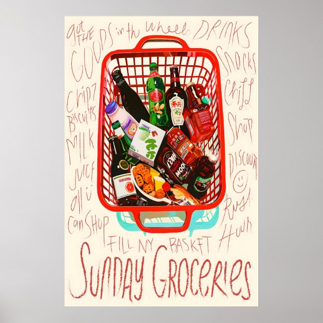 Sunday Groceries Print Red Shopping Basket, Foodie Poster (Vorne)