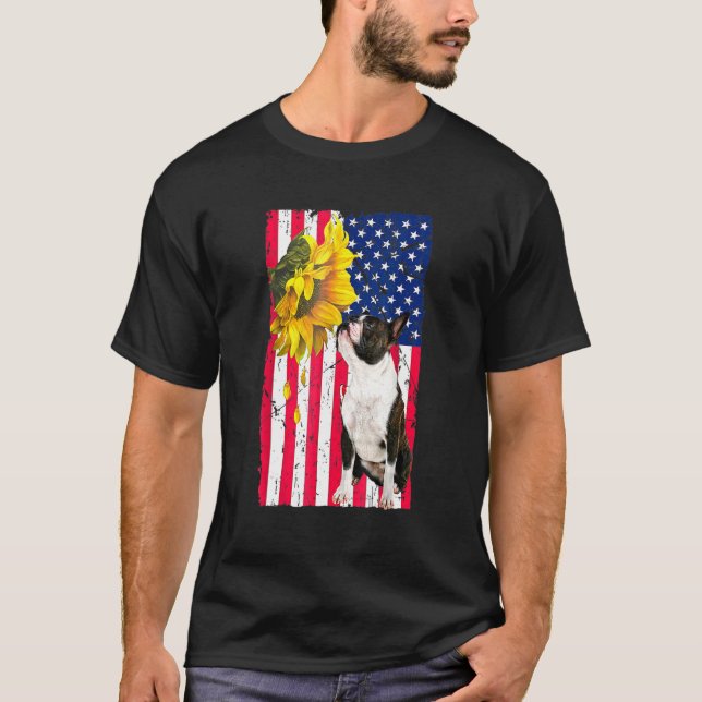 Sunflower American Flag Boston Terrier Dog T-Shirt (Vorderseite)