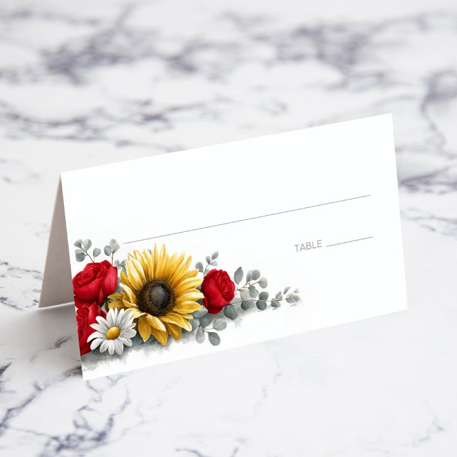 Sunflower and Red Rose Floral Wedding Place Card Platzkarte (Von Creator hochgeladen)
