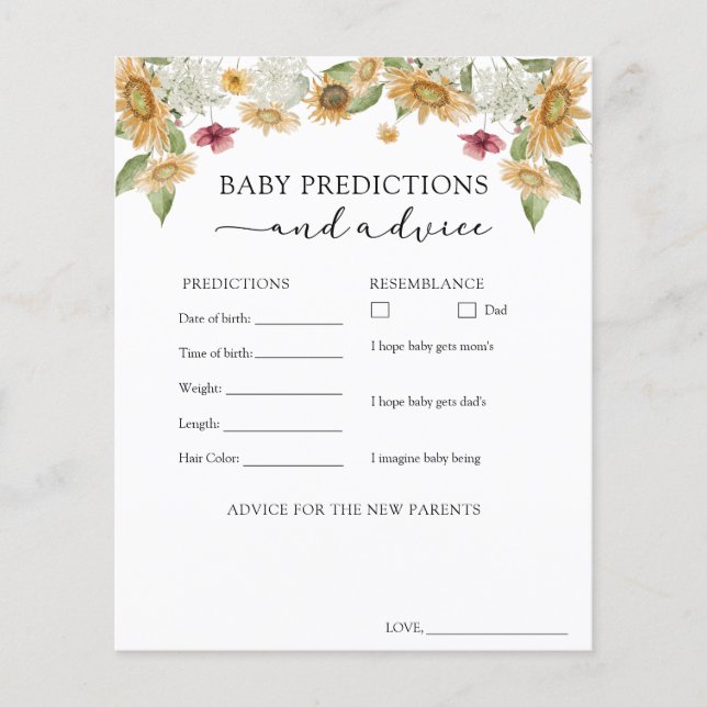 Sunflower Baby Advice and Predictions Card (Vorderseite)