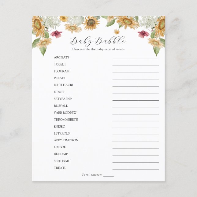 Sunflower Baby Babble Word Scramble (Vorderseite)