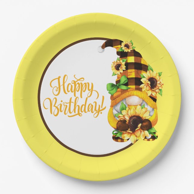 Sunflower Birthday Gnome Pappteller (Vorderseite)