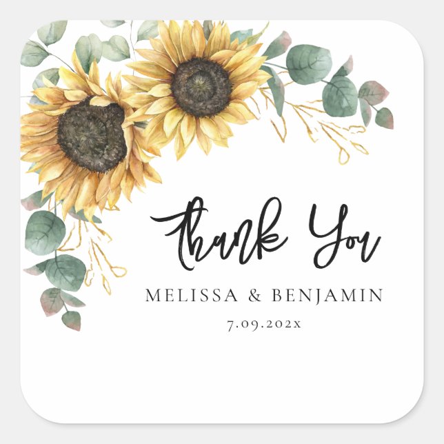 Sunflower Bloom Script Wedding Vielen Dank Quadratischer Aufkleber (Vorderseite)