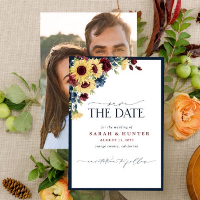 Sunflower Blue Burgundy Script Foto Wedding Save The Date (Von Creator hochgeladen)