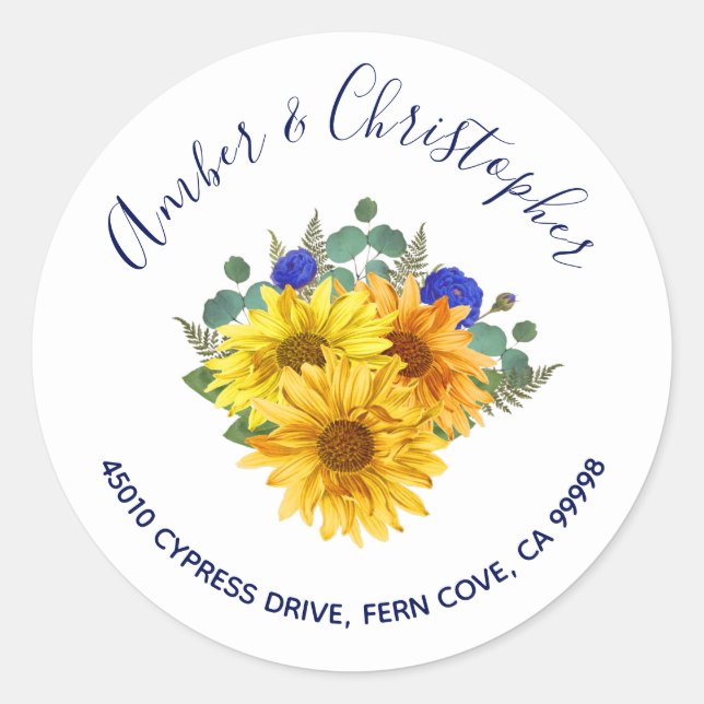 Sunflower Blue Rose Hochzeitadresse Umschlag Aufkl Runder Aufkleber (Vorderseite)
