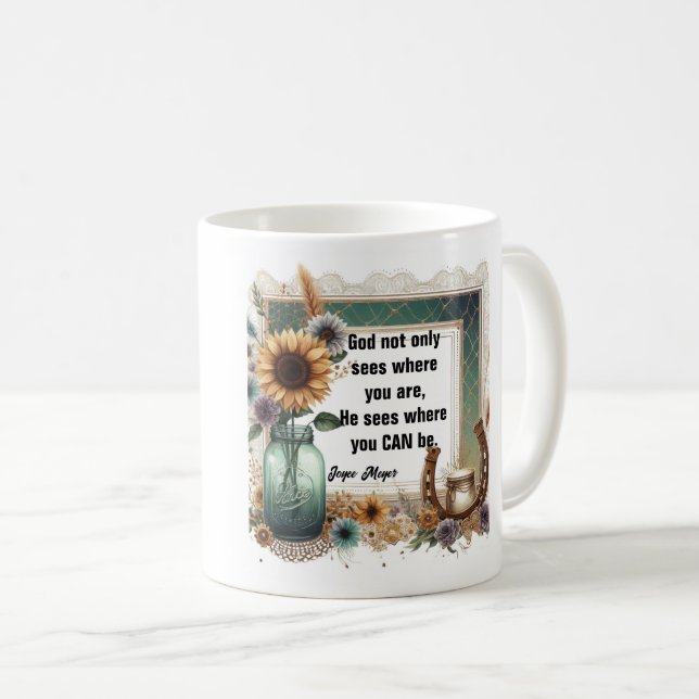 Sunflower Boot Mug, "God Sees Where You Can Be" Kaffeetasse (VorderseiteRechts)