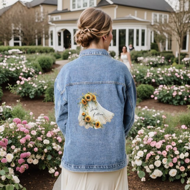 Sunflower Bridal Veil Denim Jacket Personalisierun Jeansjacke (Hochzeit Rückseite)