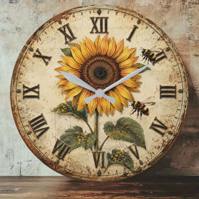 Sunflower & Bumble Bee Rustic Farmhouse Große Wanduhr (Von Creator hochgeladen)