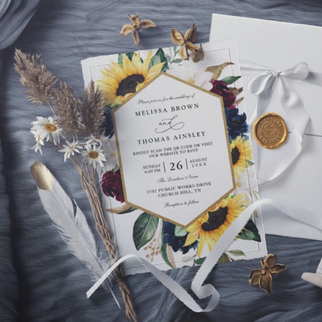 Sunflower Burgundy Navy Blue QR Code Wedding Einladung (Von Creator hochgeladen)