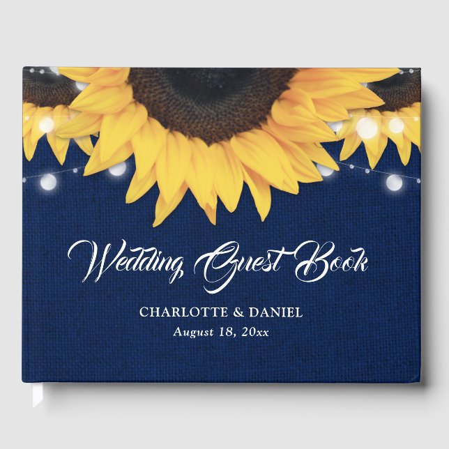 Sunflower Burlap String Lights Navy Blue Wedding Gästebuch (Vorderseite)