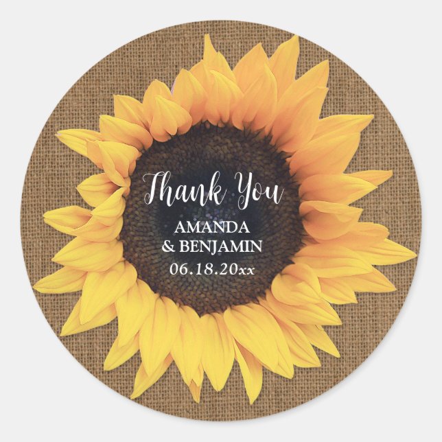 Sunflower Burlap Wedding Vielen Dank Runder Aufkleber (Vorderseite)