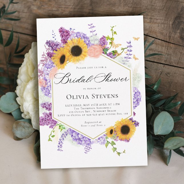 Sunflower Butterflies Lilac Hexagon Bridal Shower Einladung (rustic bridal shower invitation sunflower lilac butterflies boho romantic elegant hexagon)