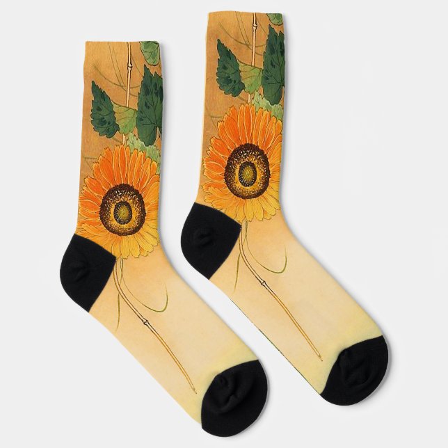 SUNFLOWER ,BUTTERFLY,GREEN LEAVES Japanese Floral  Socken (Rechts)