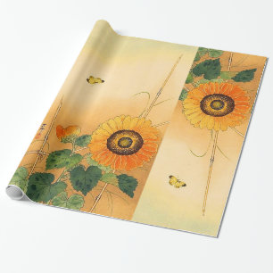SUNFLOWER, BUTTERFLY, GRÜNE BLÄTTER Japanisches Bl Geschenkpapier