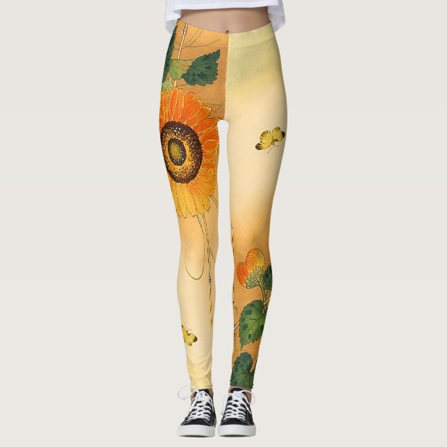 SUNFLOWER, BUTTERFLY, GRÜNE BLÄTTER Japanisches Bl Leggings (Vorderseite)