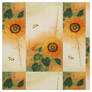 SUNFLOWER, BUTTERFLY, GRÜNE BLÄTTER Japanisches Bl Stoff