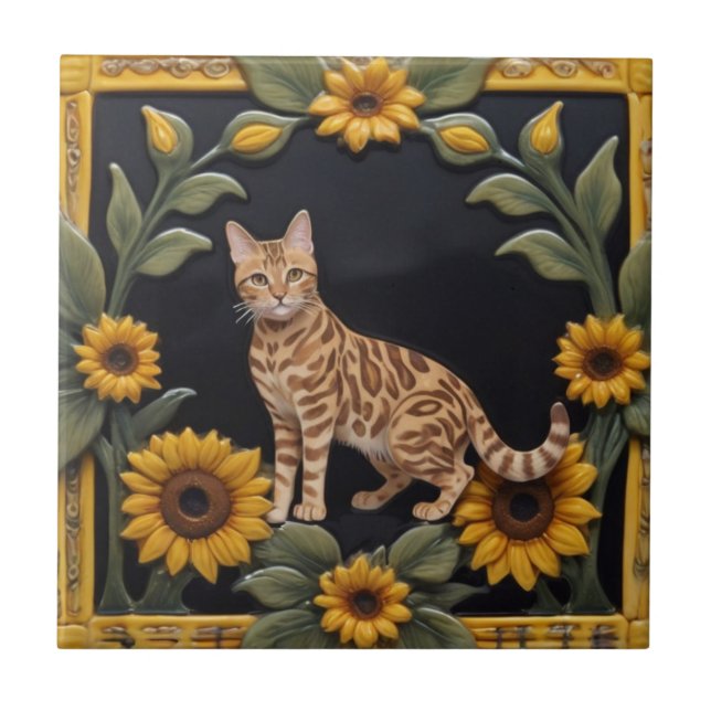 Sunflower Cats - Bengal Cat & Yellow Sunflowers Fliese (Vorderseite)