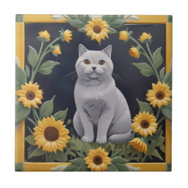 Sunflower Cats - Grey Cat & Yellow Sunflowers Fliese