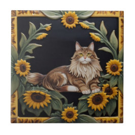 Sunflower Cats - MaineCoon Cat & Yellow Sunflowers Fliese
