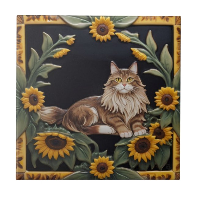 Sunflower Cats - MaineCoon Cat & Yellow Sunflowers Fliese (Vorderseite)