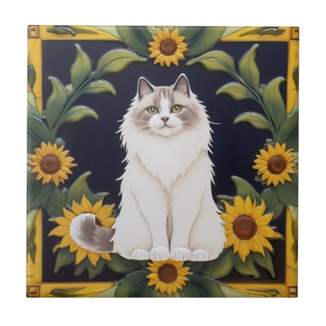 Sunflower Cats - Ragdoll Cat & Yellow Sunflowers Fliese (Vorderseite)