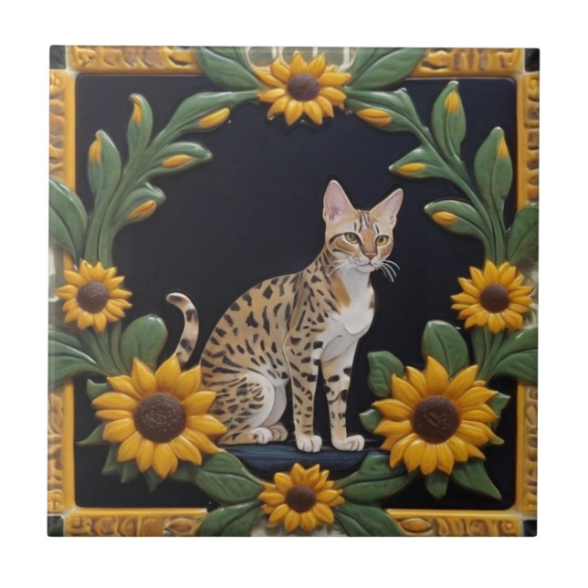 Sunflower Cats - Savannah Cat & Yellow Sunflowers Fliese (Vorderseite)